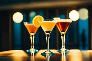 three different types of cocktails sit on a table. AI-Generated photo