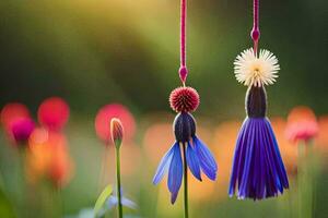 two colorful flowers hanging from strings in the sun. AI-Generated photo