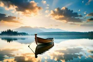 un barco es flotante en un lago a puesta de sol. generado por ai foto