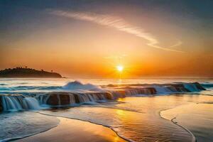 the sun setting over the ocean and waves crashing into the shore. AI-Generated photo