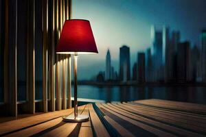 a red lamp on a wooden floor near a city. AI-Generated photo