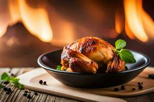 un pollo en un negro cuenco en un mesa siguiente a un chimenea. generado por ai foto