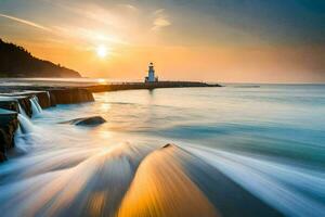 a lighthouse is seen in the distance as waves crash into the shore. AI-Generated photo