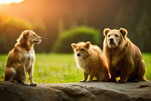 three dogs sitting on a rock in the sun. AI-Generated photo