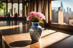 a vase with flowers on a table in front of a cityscape. AI-Generated photo