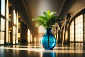 a blue vase with a plant in it. AI-Generated photo