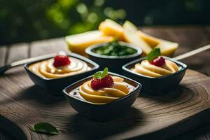 Tres pequeño bochas con Fruta y queso en un de madera mesa. generado por ai foto