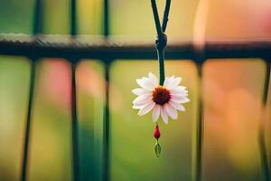 a flower hanging from a wire cage. AI-Generated photo