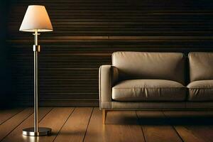 a lamp is sitting on a wooden floor next to a couch. AI-Generated photo