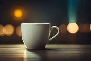 a coffee cup on a table in front of a blurry background. AI-Generated photo