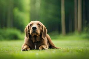 a brown dog laying on the grass in the forest. AI-Generated photo