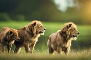 three lions standing in the grass. AI-Generated photo