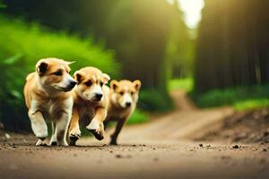 three puppies running on a dirt road. AI-Generated photo