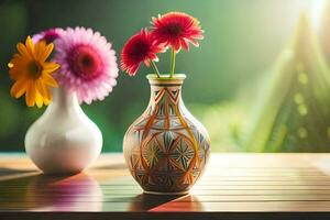 two vases with flowers on a table. AI-Generated photo