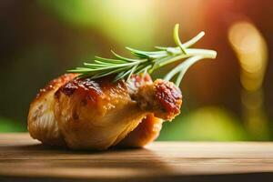 a chicken leg with rosemary on top of a wooden table. AI-Generated photo