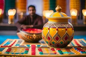 a man sitting in front of a colorful pot. AI-Generated photo