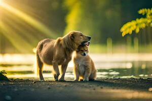 two dogs standing next to each other by the water. AI-Generated photo