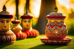 indio Arte cerámica en el césped. generado por ai foto