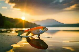 goldfish on the beach at sunset. AI-Generated photo