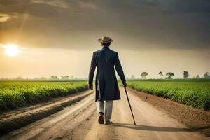 un hombre en un traje caminando abajo un suciedad la carretera. generado por ai foto