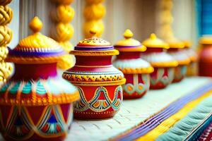 colorful pots on display in a shop. AI-Generated photo