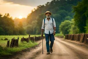 an elderly man walking down a dirt road with cane. AI-Generated photo