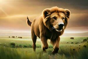 a lion walking in the grass. AI-Generated photo