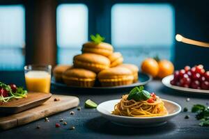 un mesa con platos de comida y bebidas generado por ai foto