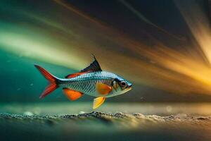 a fish swimming in the water with a bright light behind it. AI-Generated photo