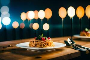 espaguetis en un plato con un vela en el antecedentes. generado por ai foto