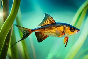 pescado en el agua con césped y plantas. generado por ai foto