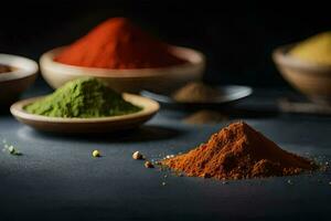 various spices and spices in bowls on a black surface. AI-Generated photo