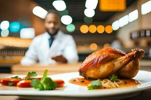 a chef is preparing a chicken on a plate. AI-Generated photo