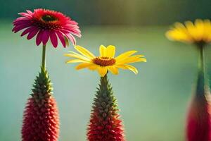 Tres vistoso flores son en pie en frente de cada otro. generado por ai foto