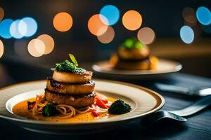 a plate of food with scallops and spaghetti. AI-Generated photo