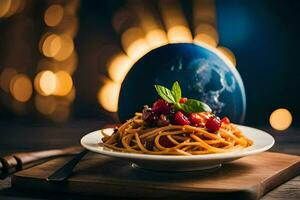 spaghetti with tomato and basil on a plate with a globe in the background. AI-Generated photo