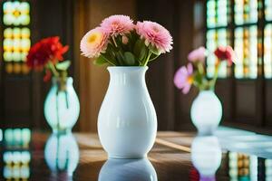 Tres blanco floreros con rosado flores sentado en un mesa. generado por ai foto