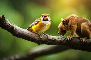 un pájaro y un mono son sentado en un rama. generado por ai foto