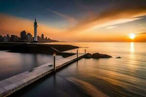 el puesta de sol terminado el ciudad de Dubái generado por ai foto