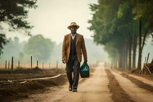 a man in a hat and jacket walking down a dirt road. AI-Generated photo