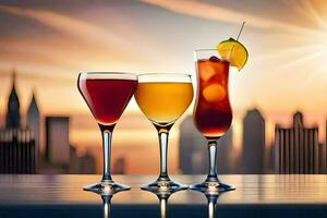 three glasses of cocktails with the city in the background. AI-Generated photo