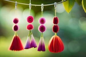 four colorful flowers hanging from a wire. AI-Generated photo