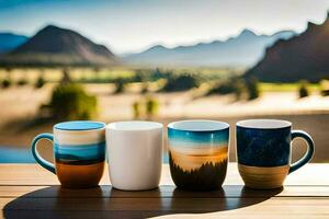 three coffee mugs with mountains in the background. AI-Generated photo