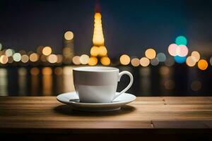 a cup of coffee on a wooden table in front of the eiffel tower. AI-Generated photo