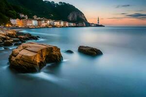 a long exposure photograph of a rocky coastline at sunset. AI-Generated photo