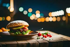 a hamburger on a plate with a bottle of beer. AI-Generated photo