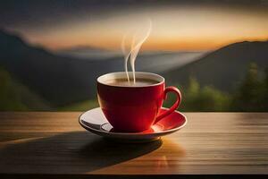 coffee cup on the table, mountains, sunrise, sunrise, sunrise, sunrise, sunrise,. AI-Generated photo