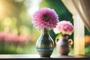 pink flowers in a vase on a window sill. AI-Generated photo