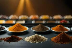 various spices and spices in bowls on a table. AI-Generated photo