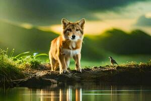 un lobo en pie en un rock cerca agua. generado por ai foto